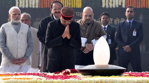 President Ram Nath Kovind pays homage to Bharat Ratna awardee and former prime minister Atal Bihari Vajpayee on the occasion of his 94th birth anniversary, in the presence of Prime Minister Narendra Modi, BJP President Amit Shah and Vice President Venkaiah Naidu, near Rashtriya Smriti Sthal, in New Delhi. (Sonu Mehta / HT Photo) President Ram Nath Kovind pays homage to Bharat Ratna awardee and former prime minister Atal Bihari Vajpayee on the occasion of his 94th birth anniversary, in the presence of Prime Minister Narendra Modi, BJP President Amit Shah and Vice President Venkaiah Naidu, near Rashtriya Smriti Sthal, in New Delhi. (Sonu Mehta / HT Photo)