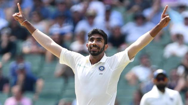 India's Jasprit Bumrah reacts after dismissing Australia's Nathan Lyon on day three of the third test match between Australia and India at the MCG in Melbourne.(REUTERS)