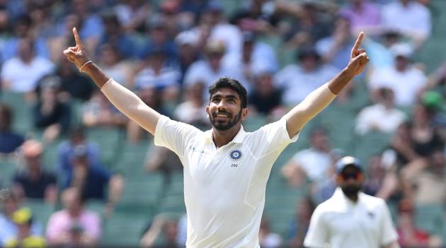 India's Jasprit Bumrah reacts after dismissing Australia's Nathan Lyon on day three of the third test match between Australia and India at the MCG in Melbourne. (REUTERS)