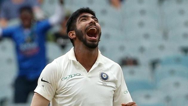 India's Jasprit Bumrah reacts after taking the wicket of Australia's Shaun Marsh on day three of the third test match between Australia and India at the MCG in Melbourne.(REUTERS)