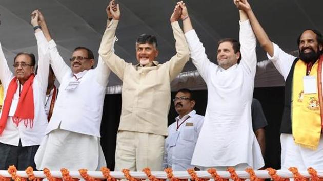 Congress President Rahul Gandhi with Andhra Pradesh Chief Minister and TDP chief N Chandrababu Naidu during a public meeting ahead of the December 7 Telangana assembly elections (File Photo) (PTI) Congress President Rahul Gandhi with Andhra Pradesh Chief Minister and TDP chief N Chandrababu Naidu during a public meeting ahead of the December 7 Telangana assembly elections (File Photo) (PTI)