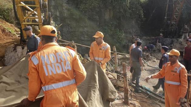 Rescuers work at the site of a coal mine that collapsed in Ksan, Meghalaya.(AP File Photo)