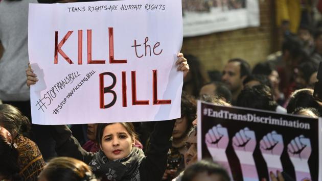 People staged a protest to demand for an overhaul of the Transgender Persons (Protection of Rights) Bill at Jantar Mantar in New Delhi. The transgender activists are of the view that the draft legislation criminalised the community, denied them constitutionally guaranteed rights, and was silent on the key demand of reservation. (Amal KS / HT Photo) 