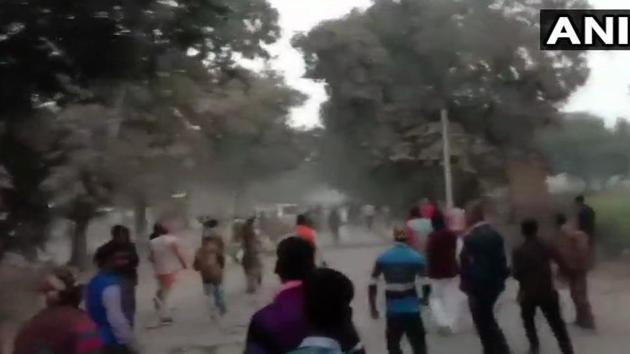 Visuals of the violence and stone pelting in Uttar Pradesh’s Ghazipur district in which a police constable was killed. (ANI/Twitter) Visuals of the violence and stone pelting in Uttar Pradesh’s Ghazipur district in which a police constable was killed. (ANI/Twitter)