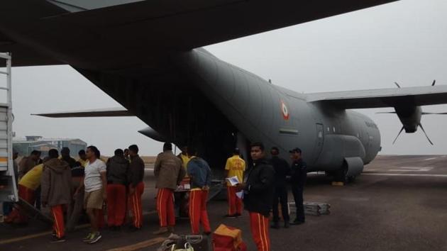 An Odisha team left on Friday morning in a special aircraft of the Indian Air Force with 20 high-power pumps to assist in rescue operation in Meghalaya for 15 miners trapped for past 16 days.(Photo courtesy Fire Department , Odisha)