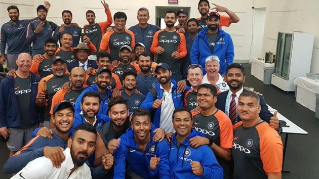 Team India celebrated their win in the dressing room. (BCCI) Team India celebrated their win in the dressing room. (BCCI)