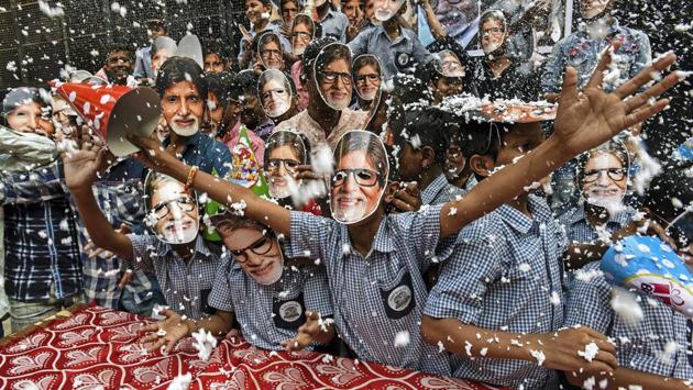 Students of Abasaheb Atre school, Somwar peth, celebrate the 76th birthday of Bollywood superstar Amitabh Bachchan on Thursday. Bachchan, born on October 11, 1942, is a film actor, director, producer, music composer, TV host and former politician. (Pratham Gokhale/HT Photo) 