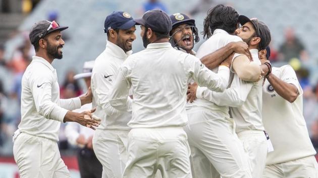 Indian team members celebrate after beating Australia on day five of the third cricket test between India and Australia in Melbourne. (AP) Indian team members celebrate after beating Australia on day five of the third cricket test between India and Australia in Melbourne. (AP)
