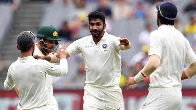 Jasprit Bumrah celebrates with teammates after dismissing Aaron Finch.(AFP)