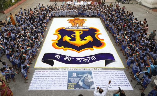 Pune, India - Dec. 4, 2018: Hundreds of students from the Nutan Marathi school has took part in the Navy Day celebration programme organised by Nutan Marathi school on the occasion of Navy day celebration at their school premises at Appa Balwant chowk in Pune, India, on Tuesday, December 4, 2018. (Photo by Rahul Raut/HT PHOTO) 