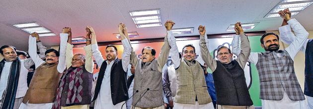 The mahagathbandhan got a boost when RLSP leader Upendra Kushwaha joined the alliance during a press conference at AICC in New Delhi on December 20. (AP) The mahagathbandhan got a boost when RLSP leader Upendra Kushwaha joined the alliance during a press conference at AICC in New Delhi on December 20. (AP)