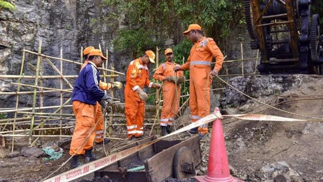NDRF personnel conduct a rescue task at the site of a coal mine collapse at Ksan, in Jaintia Hills district of Meghalaya(PTI Photo)