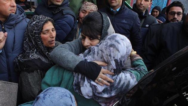 Former Jammu and Kashmir chief minister Mehbooba Mufti visits family of militants in Pulwama, Jammu and Kashmir on December 30. (HT Photo) Former Jammu and Kashmir chief minister Mehbooba Mufti visits family of militants in Pulwama, Jammu and Kashmir on December 30. (HT Photo)