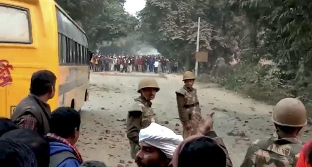 A police constable was killed after protestors hurled stones at vehicles returning from the venue of the rally. (PTI photo) A police constable was killed after protestors hurled stones at vehicles returning from the venue of the rally. (PTI photo)