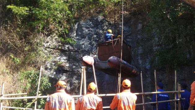 The Navy divers entered the Meghalaya mine on Monday to survey the bottom using an UnderWater Remotely Operated Vehicle.(Photo credit: District administration)