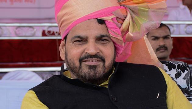 Brijbhushan Sharan Singh, president of Wrestling Federation of India at Somatane Phata in Pune on Sunday.(Milind Saurkar/HT Photo)