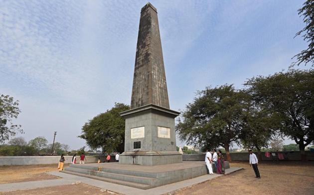 The administration estimates that the at least 12 lakh people are expected to attend the commemoration event of the battle of Bhima Koregaon. Seen here is the Vijay Stambh obelisk at the Bhima Koregaon.(Pratham Gokhale/HT Photo)