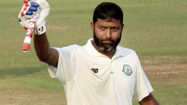 Vidarbha's Wasim Jaffer celebrates after scoring a century against Baroda.(PTI)