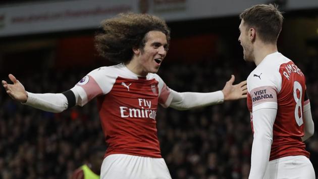 Arsenal's Aaron Ramsey ( right) celebrates with Matteo Guendouzi after scoring his side's third goal.(AP) Arsenal's Aaron Ramsey ( right) celebrates with Matteo Guendouzi after scoring his side's third goal.(AP)