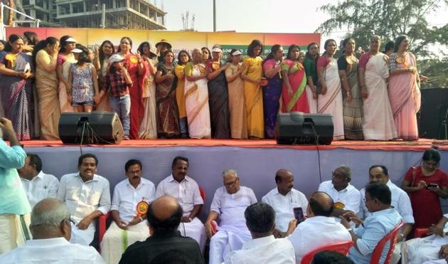 Women participated in the 620 km-long state-sponsored “Women’s wall” campaign stretching from the northern tip of Kasaragod to the southern end in Thiruvananthapuram to uphold gender equality and renaissance values. The “Women’s wall” was conceived in the backdrop of frenzied protests witnessed in the hill shrine of Lord Ayyappa at Sabarimala after the CPI(M)-led LDF government decided to implement the SC verdict, allowing all women to pray at the Ayyappa shrine. (Vivek R Nair / HT Photo) Women participated in the 620 km-long state-sponsored “Women’s wall” campaign stretching from the northern tip of Kasaragod to the southern end in Thiruvananthapuram to uphold gender equality and renaissance values. The “Women’s wall” was conceived in the backdrop of frenzied protests witnessed in the hill shrine of Lord Ayyappa at Sabarimala after the CPI(M)-led LDF government decided to implement the SC verdict, allowing all women to pray at the Ayyappa shrine. (Vivek R Nair / HT Photo)