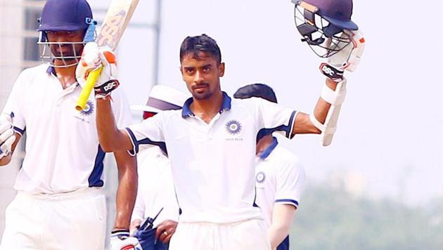 File image of Abhimanyu Easwaran celebrating after scoring a ton during a match.(Abhimanyu Easwaran/ Social Media)