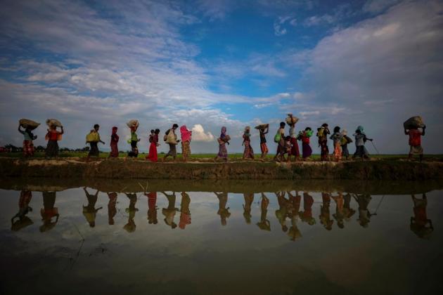 Rohingya refugees are reflected in rain water along an embankment next to paddy fields after fleeing from Myanmar into Palang Khali, near Cox's Bazar, Bangladesh. Image for representation.(Reauters file photo)