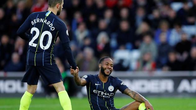 File image of Manchester City's Raheem Sterling (left) and Bernardo Silva.(REUTERS) File image of Manchester City's Raheem Sterling (left) and Bernardo Silva.(REUTERS)