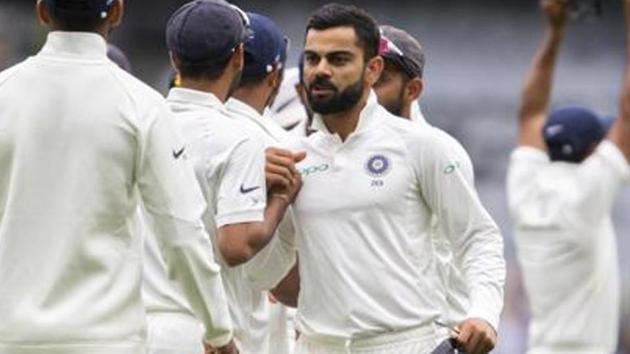 India vs Australia 4th Test : Captain Virat Kohli, center, congratulates his teammates.(AP)