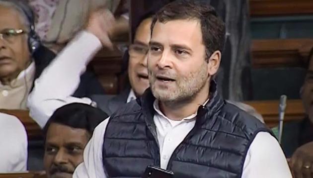 Congress President Rahul Gandhi speaks in the Lok Sabha during the discussion on Rafel issue at Parliament in New Delhi.(PTI photo)