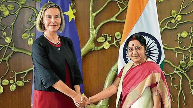 Minister of external affairs Sushma Swaraj with high representative of the European Union for foreign affairs Federica Mogherini. (AP File Photo) Minister of external affairs Sushma Swaraj with high representative of the European Union for foreign affairs Federica Mogherini. (AP File Photo)