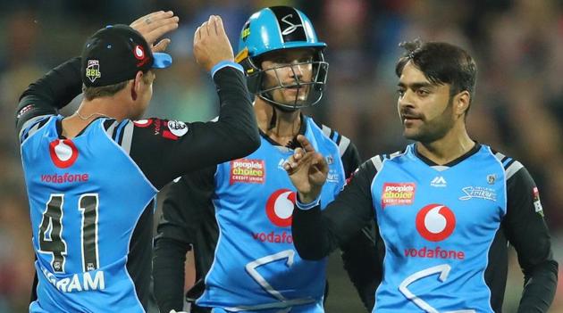 Adelaide Strikers’ Rashid Khan (right) celebrates a wicket. (Twitter/StrikersBBL) Adelaide Strikers’ Rashid Khan (right) celebrates a wicket. (Twitter/StrikersBBL)