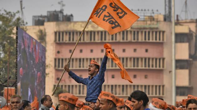 In Delhi, the VHP reminded the BJP that the pledge it had made to construct the temple in its manifesto had brought it to power in 2014 and that promise should be fulfilled during PM Modi’s current tenure. (Burhaan Kinu/HT PHOTO) In Delhi, the VHP reminded the BJP that the pledge it had made to construct the temple in its manifesto had brought it to power in 2014 and that promise should be fulfilled during PM Modi’s current tenure. (Burhaan Kinu/HT PHOTO)