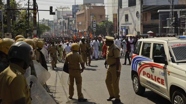More than 100 people, including 38 policemen, were injured as a shutdown to protest against the Kerala government for helping two women enter the Sabarimala temple turned violent at several places. In Thrissur, four workers of the BJP were stabbed while enforcing the shutdown call by Sabarimala Karma Samithi, an umbrella organisation of various pro-Hindutva groups, spearheading protests against the Supreme Court’s September 28 verdict, and Antarrashtriya Hindu Parishad (AHP). (R.S. Iyer / AP Photo) More than 100 people, including 38 policemen, were injured as a shutdown to protest against the Kerala government for helping two women enter the Sabarimala temple turned violent at several places. In Thrissur, four workers of the BJP were stabbed while enforcing the shutdown call by Sabarimala Karma Samithi, an umbrella organisation of various pro-Hindutva groups, spearheading protests against the Supreme Court’s September 28 verdict, and Antarrashtriya Hindu Parishad (AHP). (R.S. Iyer / AP Photo)
