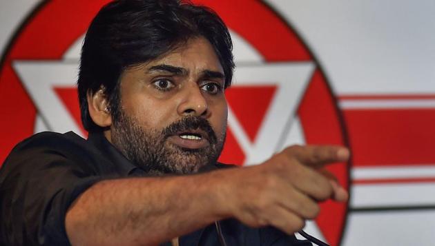 Telugu actor and Jana Sena party president Pawan Kalyan at a press conference in Chennai.(PTI)