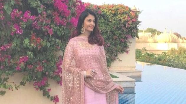 At Isha Ambani’s pre-wedding festivities in Udaipur, Aishwarya Rai Bachchan maintained a pastel palette in both her outfit and make-up. (Instagram)