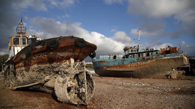 Now Greek authorities have begun to remove the ships, some of which have been there for decades, saying they are both an environmental hazard and a danger to modern shipping. “We are speaking about 27 shipwrecks and potentially ... 12 harmful and dangerous ships,” said Charalampos Gargaretas, the chief executive officer of Elefsina Port Authority. “(It’s) a tragic situation.” (Thanassis Stavrakis / AP) Now Greek authorities have begun to remove the ships, some of which have been there for decades, saying they are both an environmental hazard and a danger to modern shipping. “We are speaking about 27 shipwrecks and potentially ... 12 harmful and dangerous ships,” said Charalampos Gargaretas, the chief executive officer of Elefsina Port Authority. “(It’s) a tragic situation.” (Thanassis Stavrakis / AP)