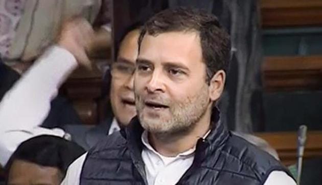 Congress President Rahul Gandhi speaks in the Lok Sabha during the discussion on Rafale issue at Parliament in New Delhi, Wednesday(PTI)