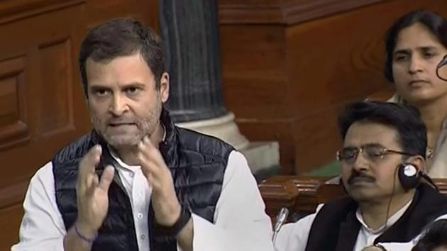 elhi: Congress President Rahul Gandhi speaks during the discussion on issues relating to Rafale deal, in the Lok Sabha in New Delhi.(PTI Photo)