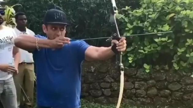Salman Khan tries his hand at shooting with a bow and arrow.(Viral Bhayani)