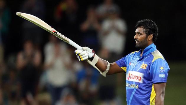 Sri Lanka's Thisara Perera celebrates scoring a century (100 runs) during the second one-day international cricket match between New Zealand and Sri Lanka at Bay Oval in Mount Maunganui on January 5, 2019(AFP)