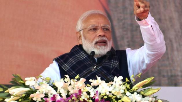 Prime minister Narendra Modi addressing a gathering after laying the foundation stones of different irrigation projects at Chiyanki air strip in Daltonganj, India, on Saturday, January 5, 2019. (HT Photo) Prime minister Narendra Modi addressing a gathering after laying the foundation stones of different irrigation projects at Chiyanki air strip in Daltonganj, India, on Saturday, January 5, 2019. (HT Photo)