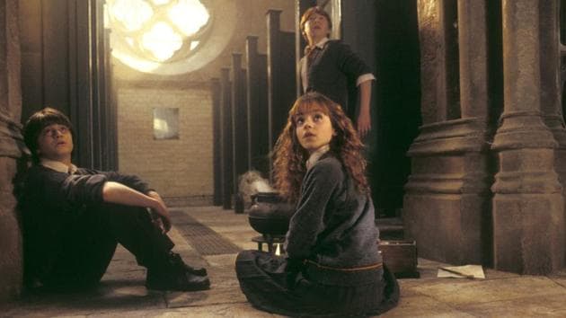 Harry, Ron and Hermione in a still from Harry Potter and the Chamber of Secrets.