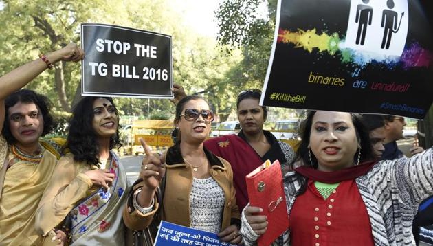 New Delhi, India - Dec. 17, 2017: Supporters and people belongiong to the transgender community protest against TG bill,and and other demands at Jantar Mantar in New Delhi, India, on Sunday, December 17, 2017. (Photo by Arvind Yadav/ Hindustan Times)(Arvind Yadav/HT PHOTO)