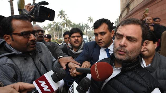 Congress President Rahul Gandhi is mobbed by member s of the media as he leaves after attending a day’s worth of heated proceedings over the Rafale deal during the Parliament’s Winter Session in New Delhi. (Sonu Mehta / HT Photo) Congress President Rahul Gandhi is mobbed by member s of the media as he leaves after attending a day’s worth of heated proceedings over the Rafale deal during the Parliament’s Winter Session in New Delhi. (Sonu Mehta / HT Photo)