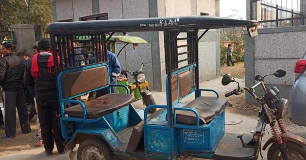 The e-rickshaw that fell on three-year-old Ikra, killing her on the spot in Dwarka’s Sector 16B. The e-rickshaw that fell on three-year-old Ikra, killing her on the spot in Dwarka’s Sector 16B.