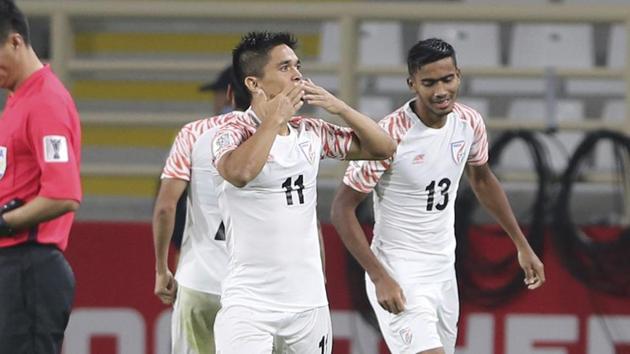 India's forward Sunil Chhetri celebrates his second goal during the AFC Asian Cup group A soccer match between Thailand and India at Al Nahyan Stadium in Abu Dhabi, United Arab Emirates.(AP)