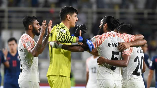 India's players celebrate after winning the 2019 AFC Asian Cup Group A football game between Thailand and India at the Al Nahyan Stadium stadium in Abu Dhabi.(AFP)