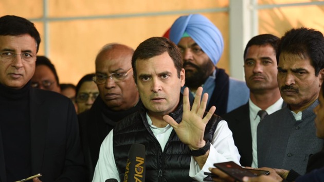 Terming the reduction in number of Rafale fighter jets from 126 to 36 as a “bypass surgery”, Congress president Rahul Gandhi on Monday launched another attack on the BJP government .(Arvind Yadav/HT Photo)