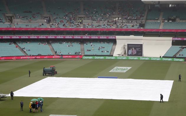 Rain falls as the pitch is covered during a delay before play on day 5 of the cricket test match between India and Australia in Sydney, Monday, Jan. 7, 2019. (AP Photo/Rick Rycroft) (AP)