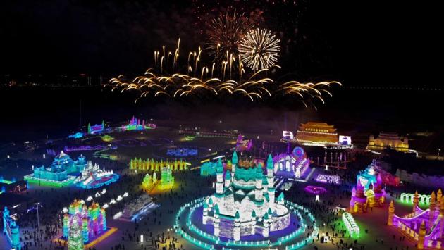 An aerial view shows fireworks explode over ice sculptures during the opening of the annual Harbin International Ice and Snow Festival. Temperatures can plunge as low as 35 degrees Celsius below zero in the city. The festival, which began on Saturday, draws millions of visitors from around the world every year. It began in the early 1980s. (Olivia Zhang / AP) An aerial view shows fireworks explode over ice sculptures during the opening of the annual Harbin International Ice and Snow Festival. Temperatures can plunge as low as 35 degrees Celsius below zero in the city. The festival, which began on Saturday, draws millions of visitors from around the world every year. It began in the early 1980s. (Olivia Zhang / AP)